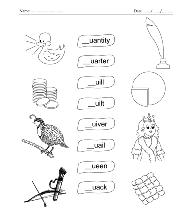 Fill in the blank letter q printable coloring worksheet