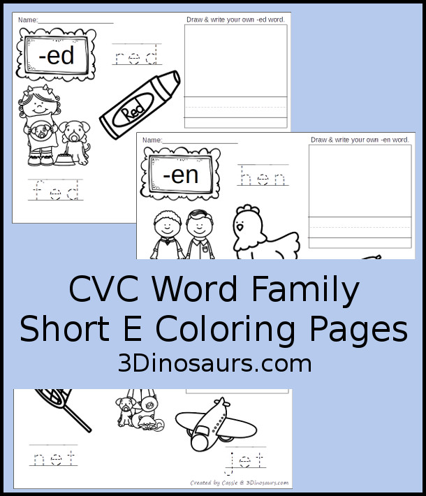 Free cvc word family coloring pages short e vowel dinosaurs