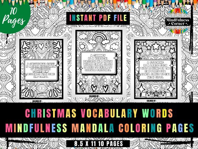 Christmas vocabulary words relaxing mandala coloring pages teaching resources