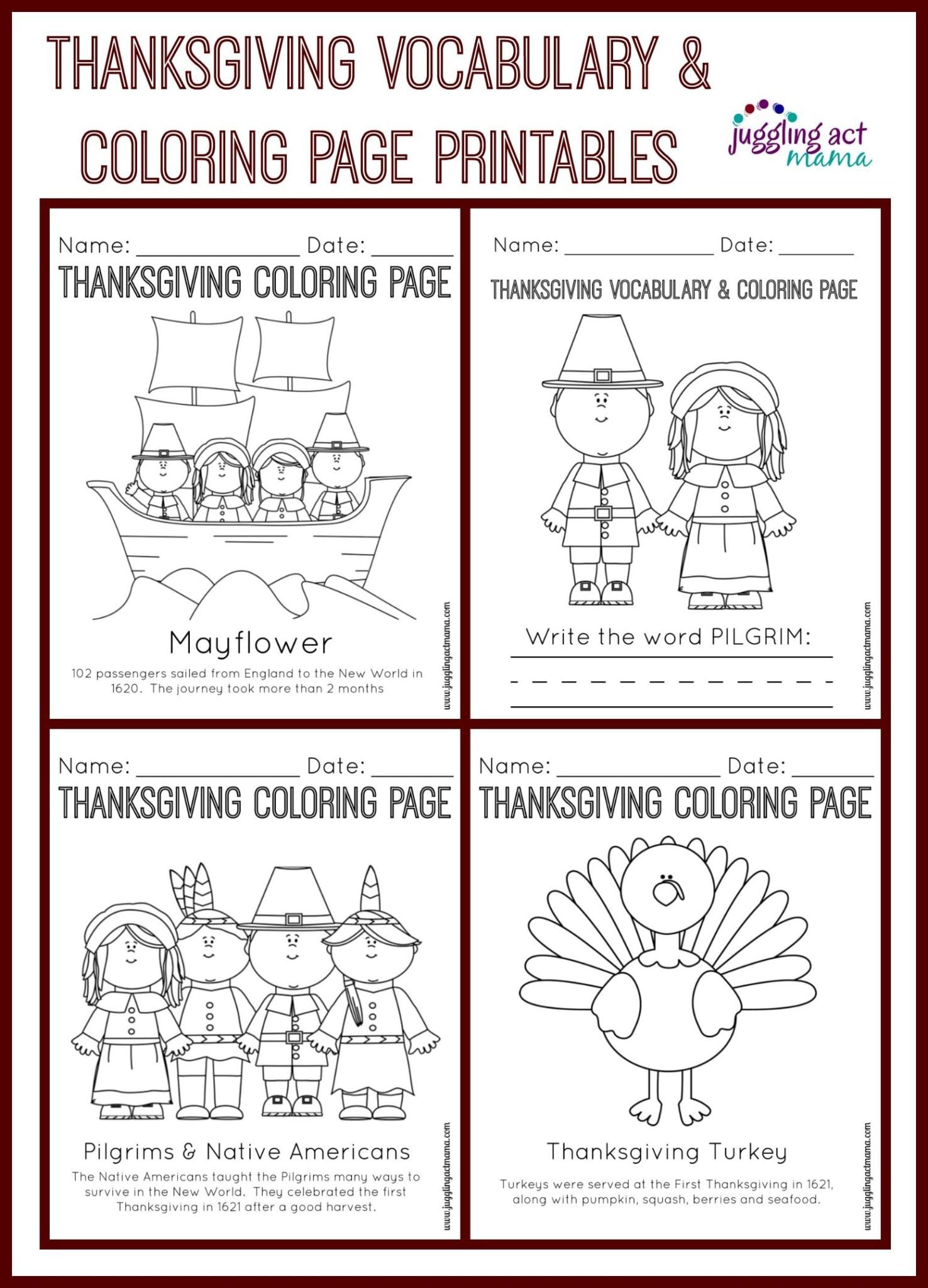 Thanksgiving vocabulary and coloring page printables