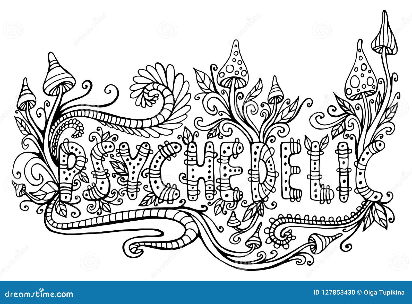 Coloring page for adults with word psychedelic doodle lettering stock vector