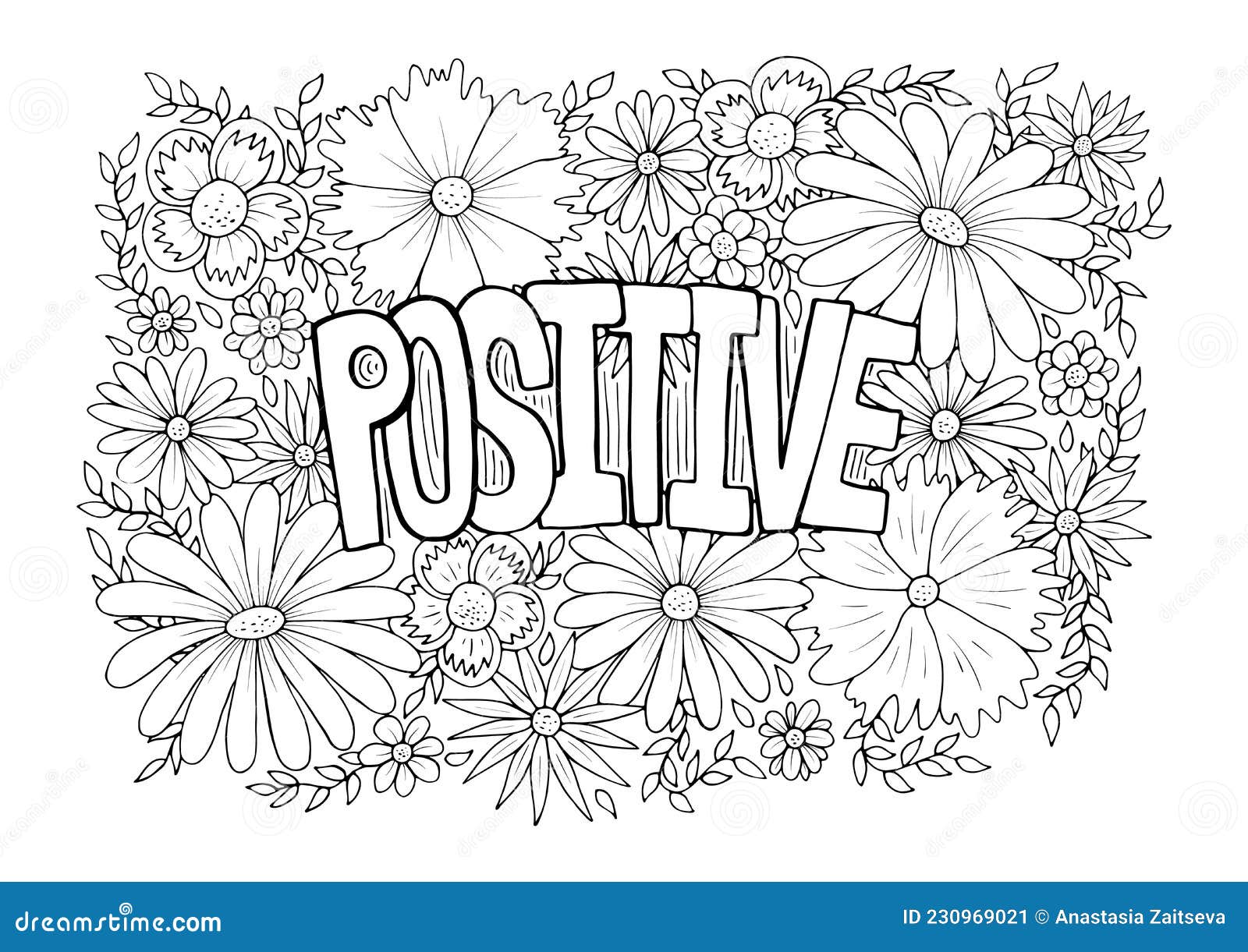 Positive word with flower pattern hand drawn anti stress adult coloring page floral feminine inspirational motivational poster c stock vector