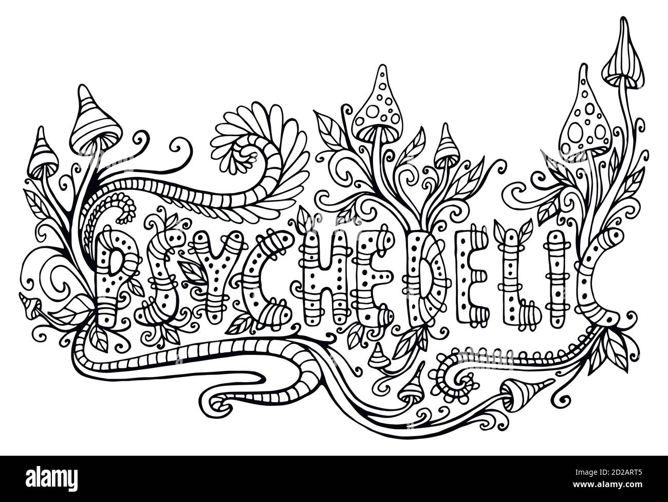 Coloring page for adults with word psychedelic doodle lettering stock vector image art