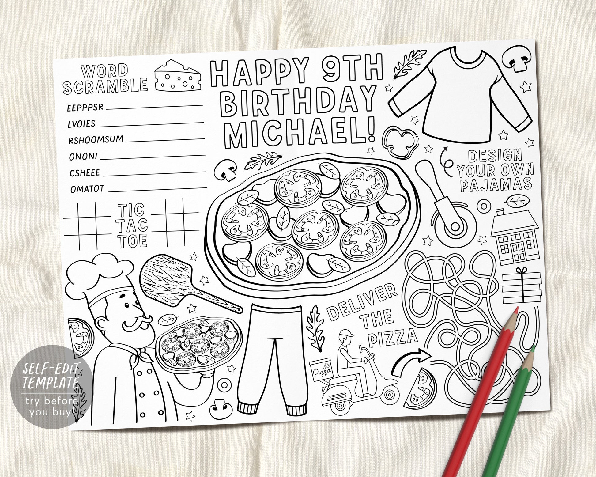 Pizza and pajamas party placemat editable template pizza sleepover co â puff paper co