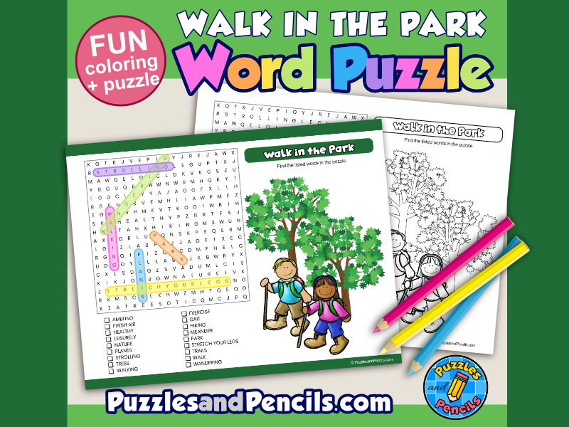 Walk in the park word search puzzle with colouring take a walk in the park day wordsearch teaching resources