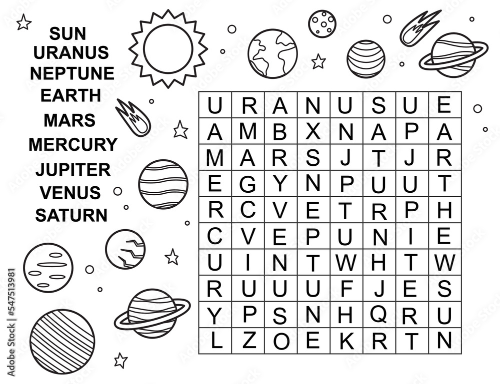 Space word search find words in a table educational crossword game printable activity worksheet coloring page solar system learning planets vector illustration vector