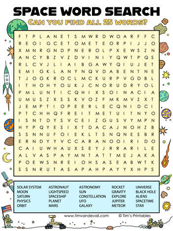 Printable space word search for kids find all words â tims printables