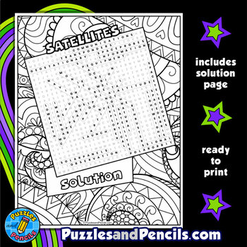 Satellites word search puzzle activity with coloring outer space wordsearch