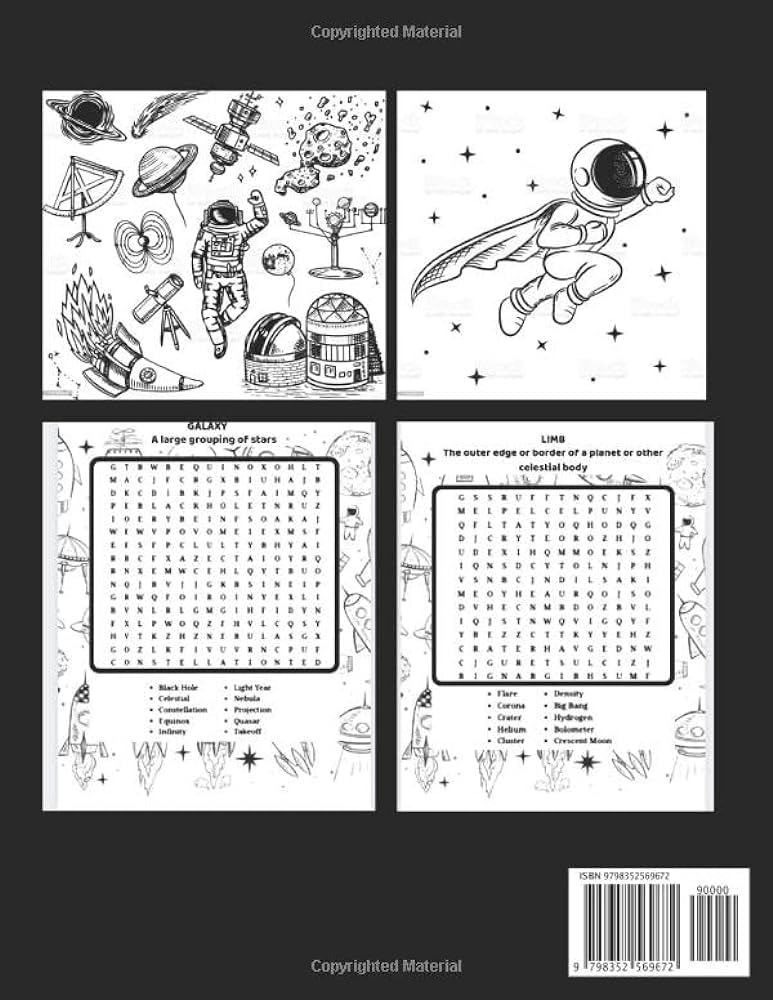 Space coloring book and word search for kids ages