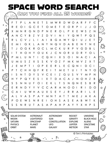 Space word search â tims printables