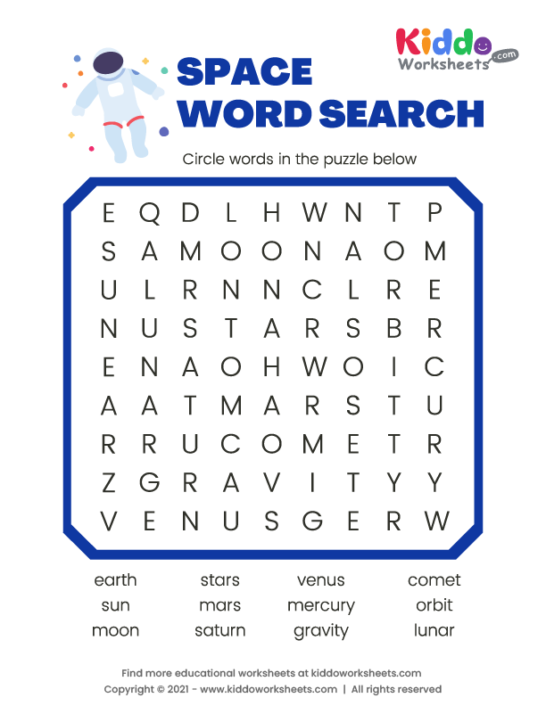 Free printable space word search worksheet