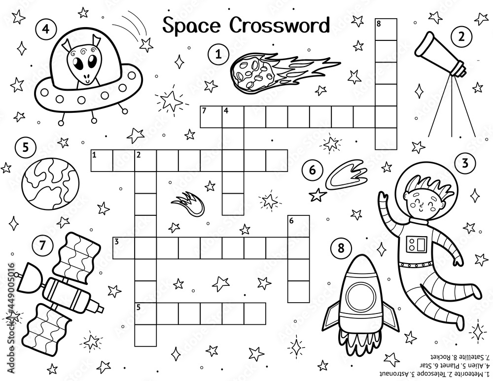 Vetor de crossword for kids with cute space characters black and white space activity page for kids and word search puzzle educational coloring sheet for school and preschool vector illustration do