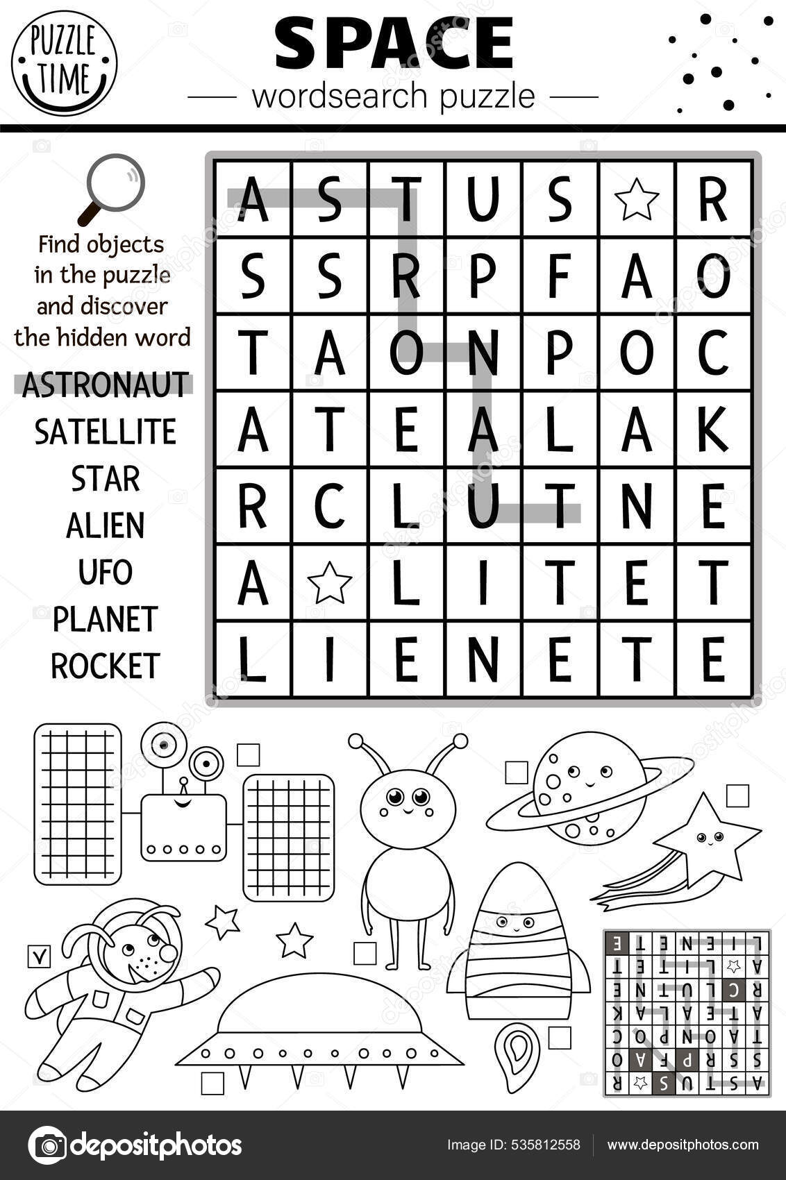 Vector black white space wordsearch puzzle kids simple astronomy crossword stock vector by lexiclaus