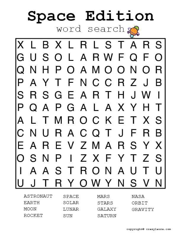 Free space word search printable game sheets space words kids word search space coloring pages