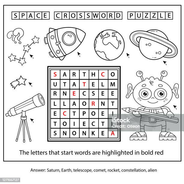 Space crossword puzzle alien with telescope planets and rocket coloring book for kids stock illustration