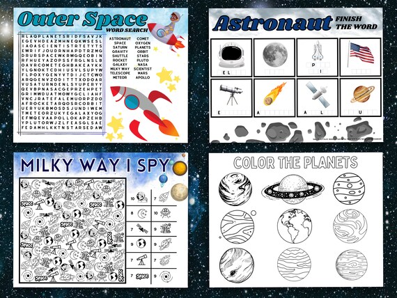 Outer space activity printable for kids astronaut printables planets word search space coloring pages birthday boy placemat