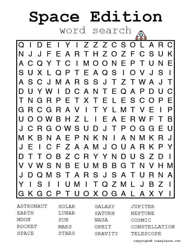 Free space word search printable game sheets space words word puzzles for kids childrens word search