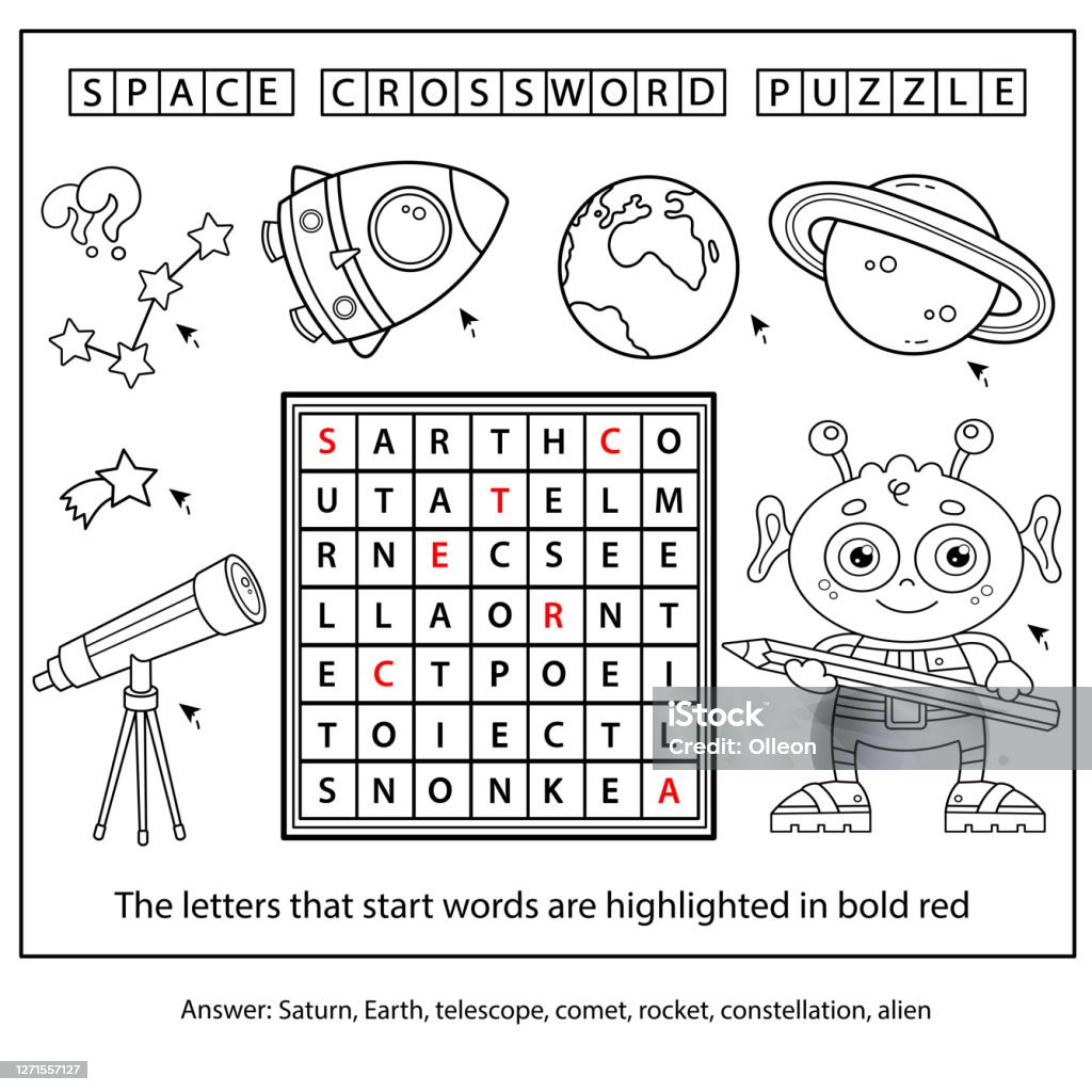 Space crossword puzzle alien with telescope planets and rocket coloring book for kids stock illustration