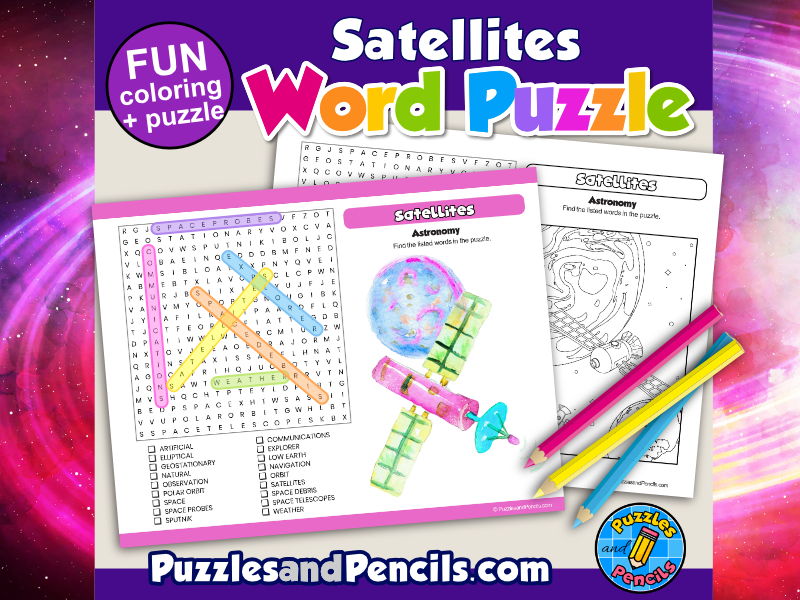 Satelli word search puzzle activity page with colouring astronomy wordsearch teaching resources