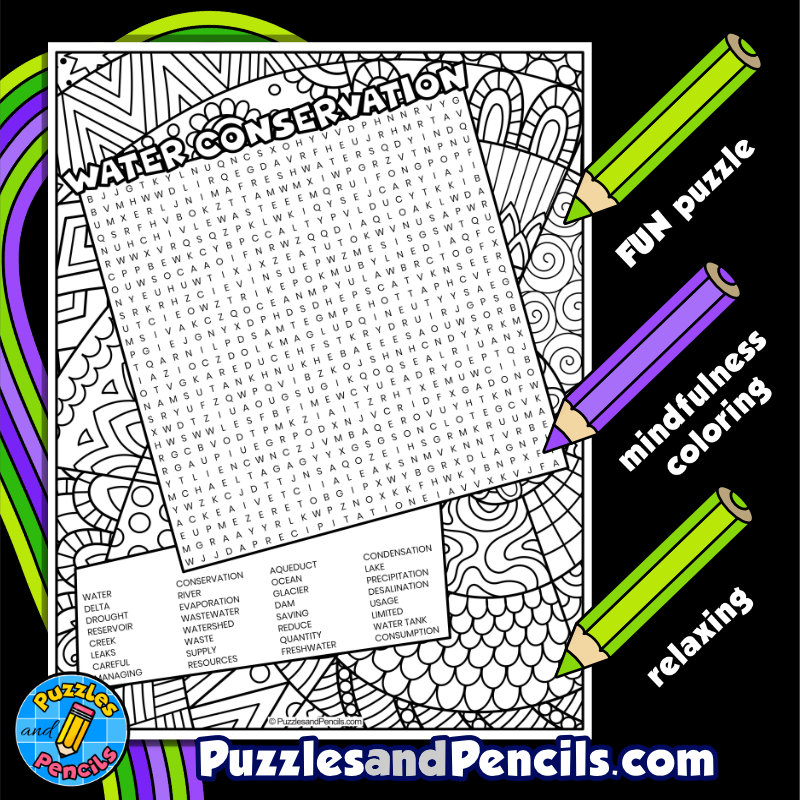 Water conservation word search puzzle with coloring environmental issues wordsearch made by teachers