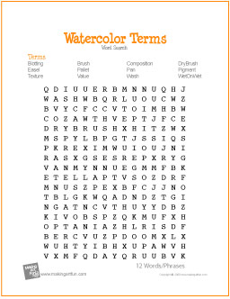 Watercolor terms word search worksheet