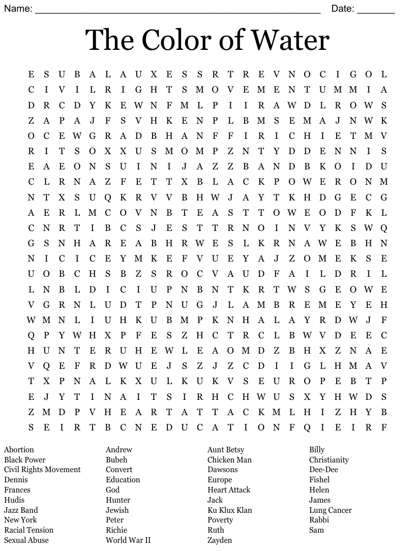 The color of water word search