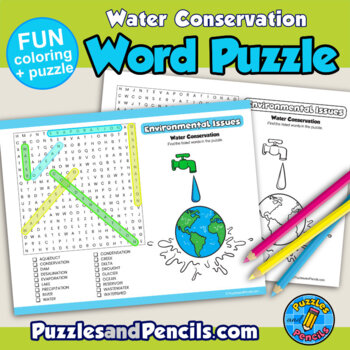 Water conservation word search puzzle coloring activity environmental science