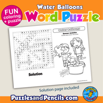 Water balloons word search puzzle and coloring activity page summer activities