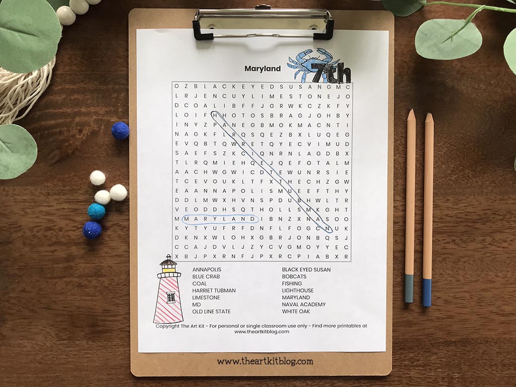 Maryland word search coloring page free printable download â the art kit