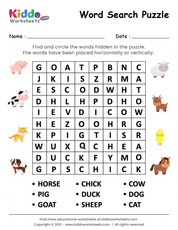 Free printable word search farm animals worksheet