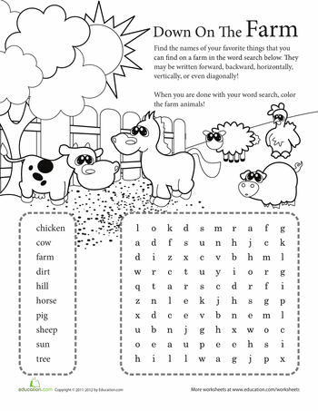 Vocab word search down on the farm worksheet education farm animals preschool farm activities activities