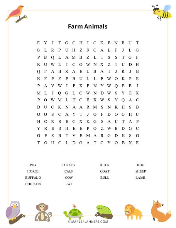 Free printable farm animals word search puzzles