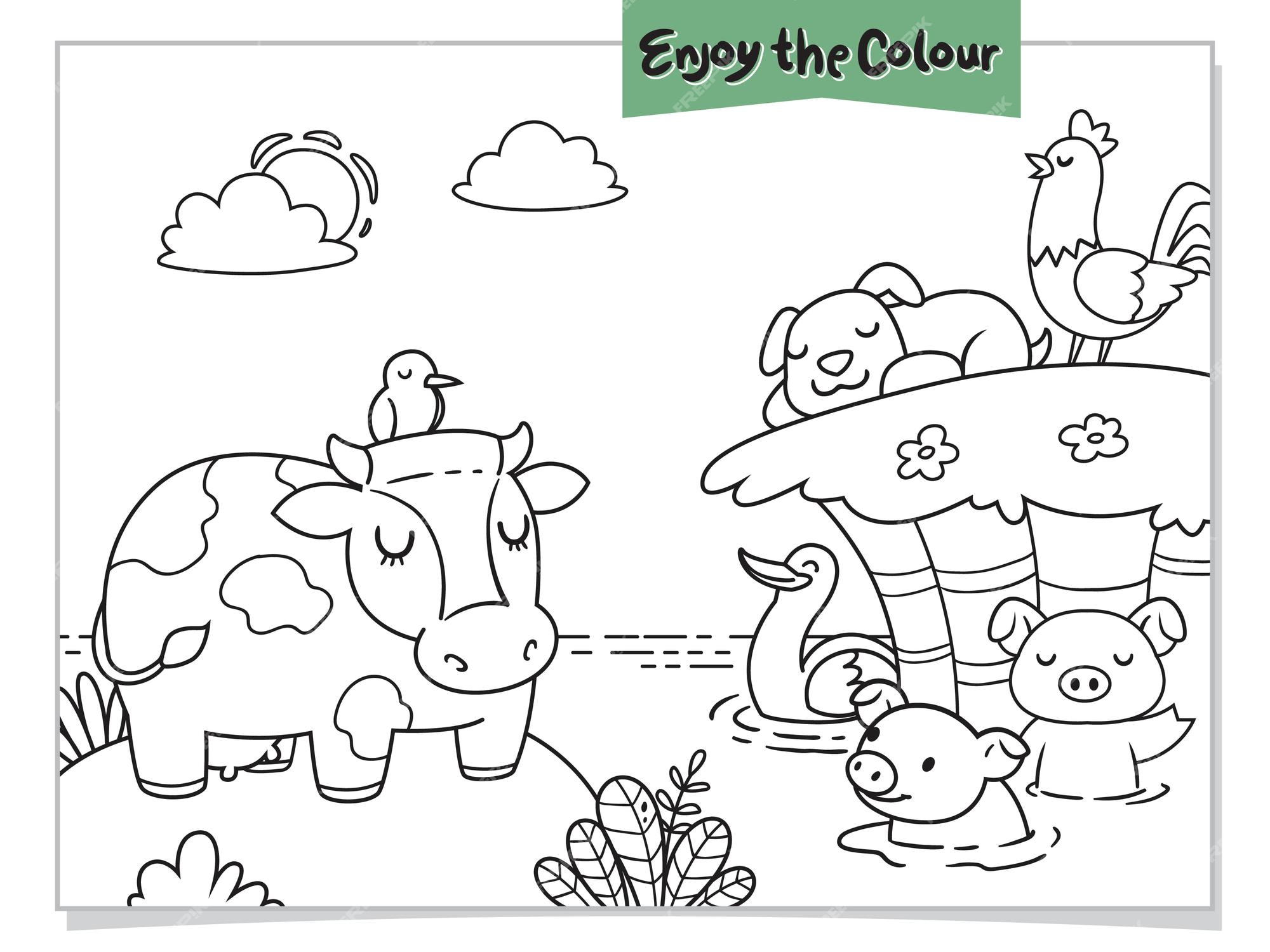 Premium vector animal farm coloring sheet with cow chicken dog pork pig and duck