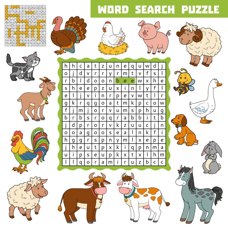 Vector color crossword about farm animals word search puzzle stock vector