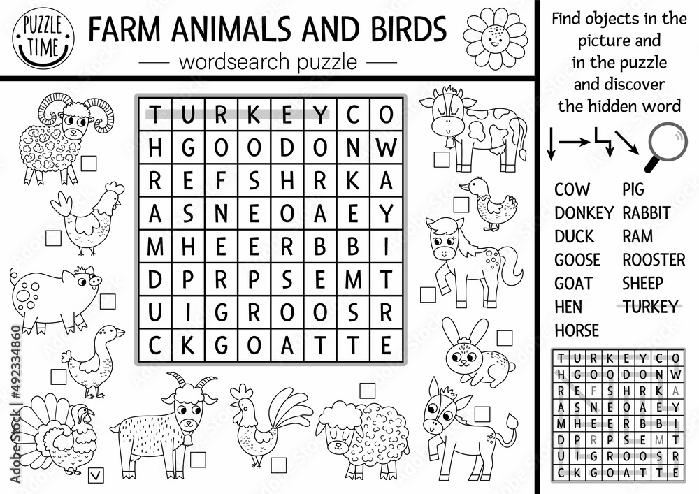 Vector farm animals and birds black and white wordsearch puzzle for kids simple on the farm word search line quiz country educational activity with cow hen pig rural crossword coloring page