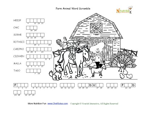 Farm animal word double scramble activity page for kids