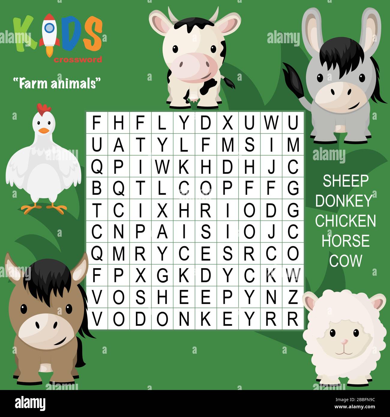 Easy word search crossword puzzle farm animals for children in elementary and middle school fun way to practice language prehension and expand stock vector image art