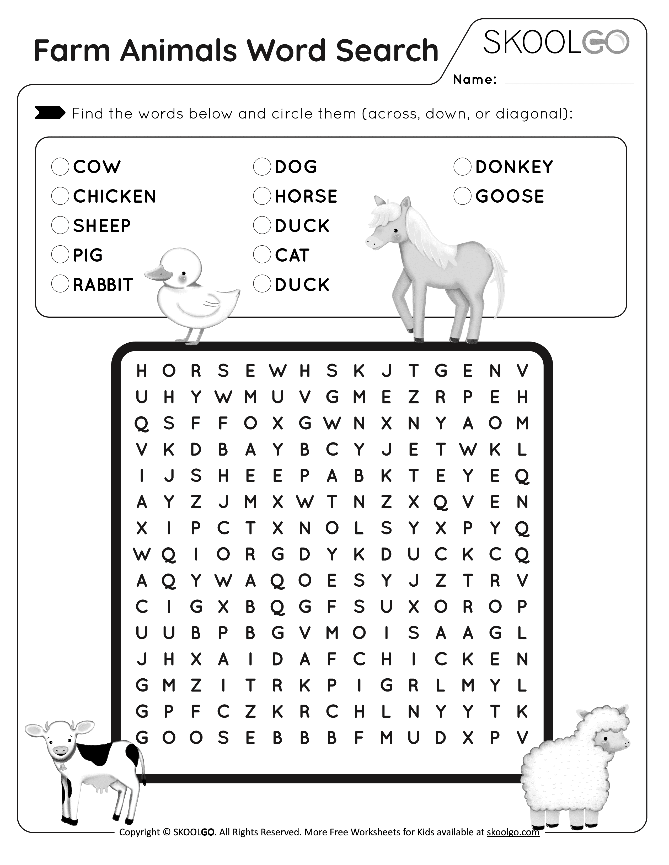 Farm animals word search