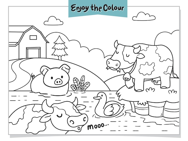 Premium vector animal farm coloring sheet with cows pork pig and duck