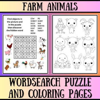 Farm animals word search puzzle and coloring page fun learning activity