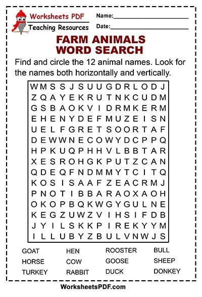 Farm animal word search farm animals kids word search theme words