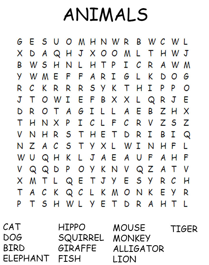 Zoo animal word search printable pdf