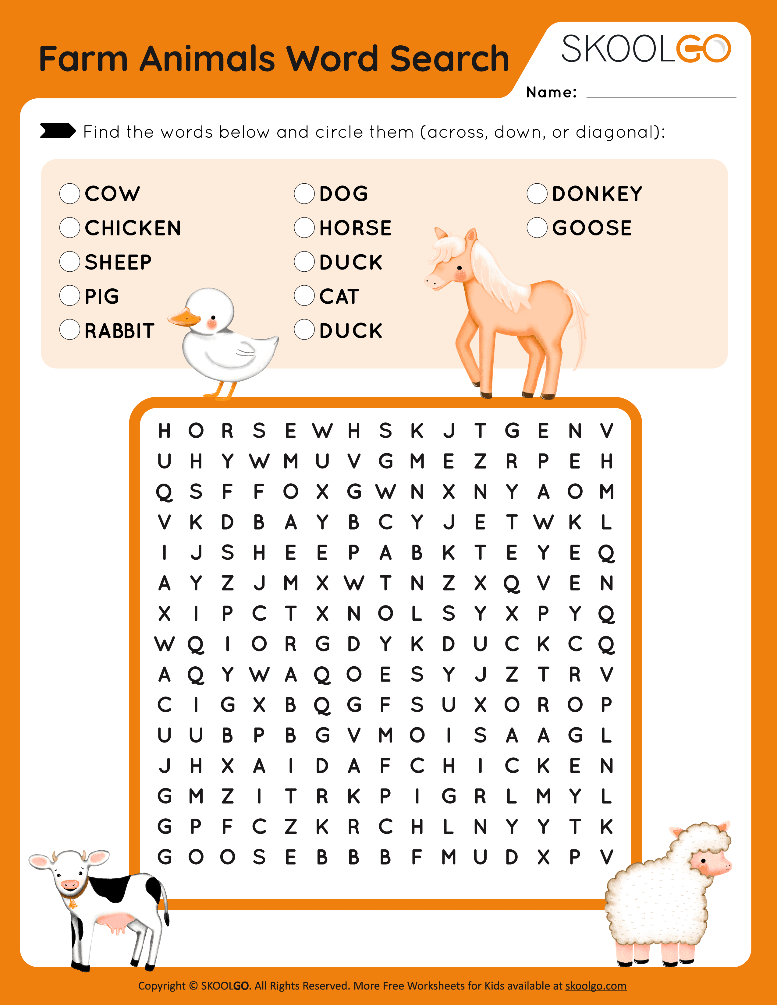 Farm animals word search