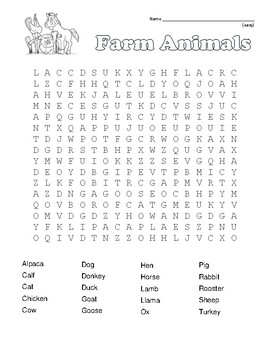 Farm animals word search and coloring page easy could use in sub plan