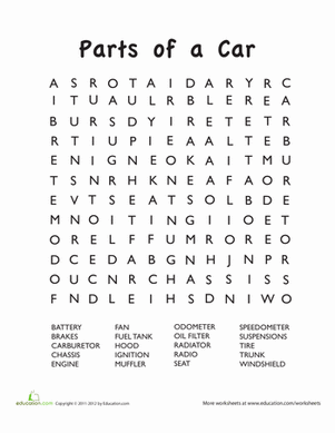 Car parts word search worksheet education car parts education worksheets