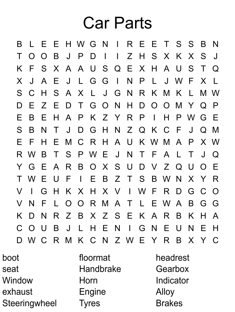 Car parts word search