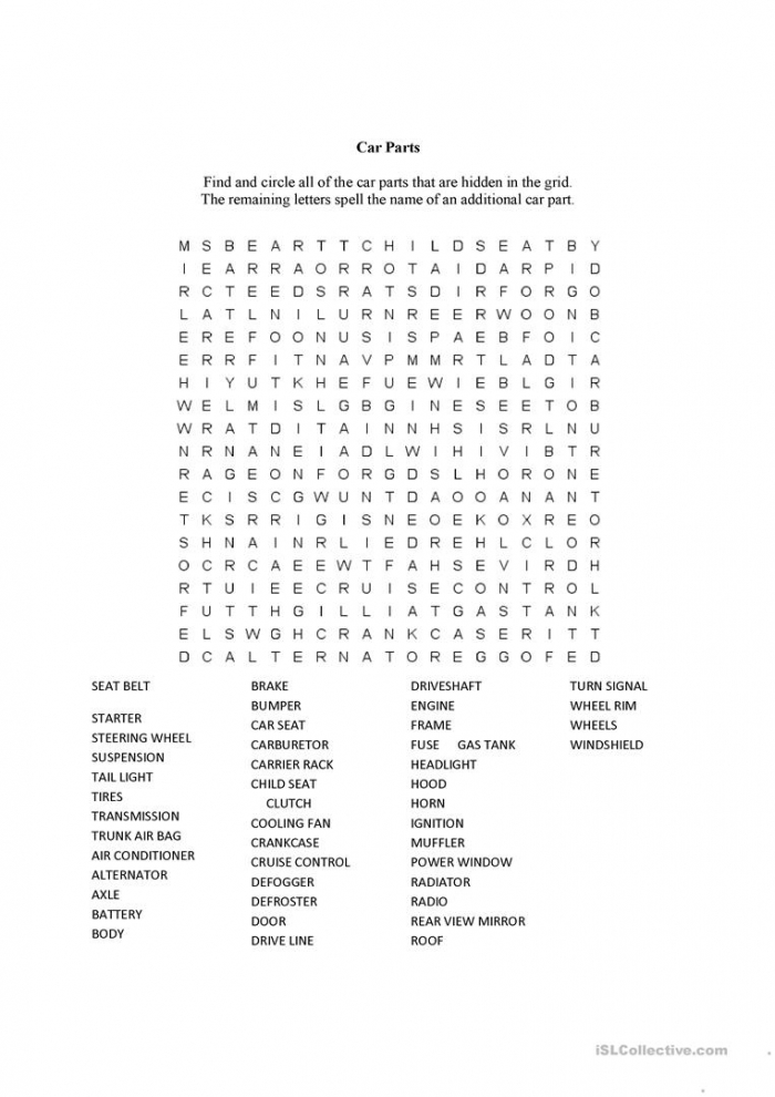 Car parts word search worksheets