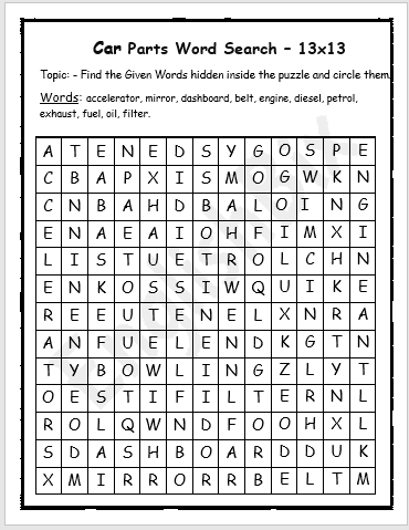 Car brands and parts word search printable