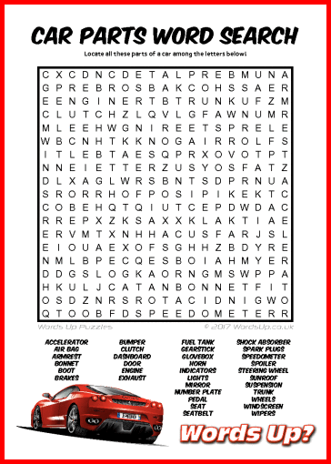 Words up car parts word search