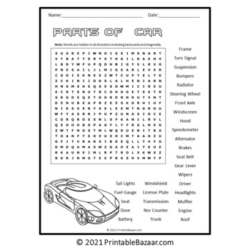 Parts of car word search puzzle